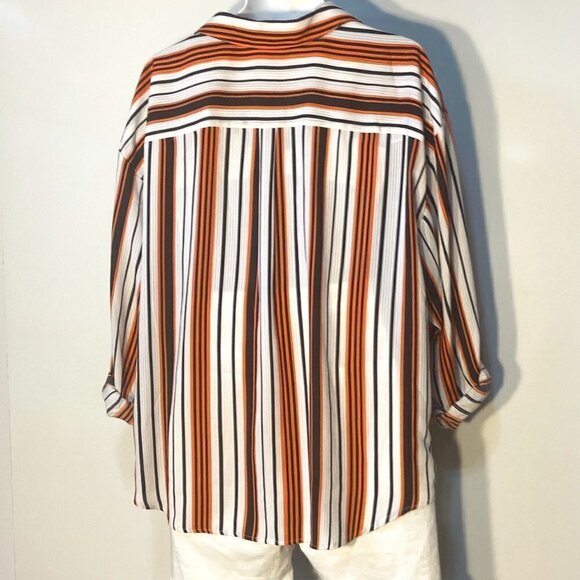Ruby Rd. SZ 2X navy, coral & white stripe blouse long or roll tab sleeve comfy - Picture 3 of 9
